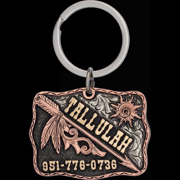 Meet the Tallulah Custom Dog Tag, a masterpiece of style and craftsmanship! Crafted from durable German silver, with hand-engraved sun and arrow details. Order now!